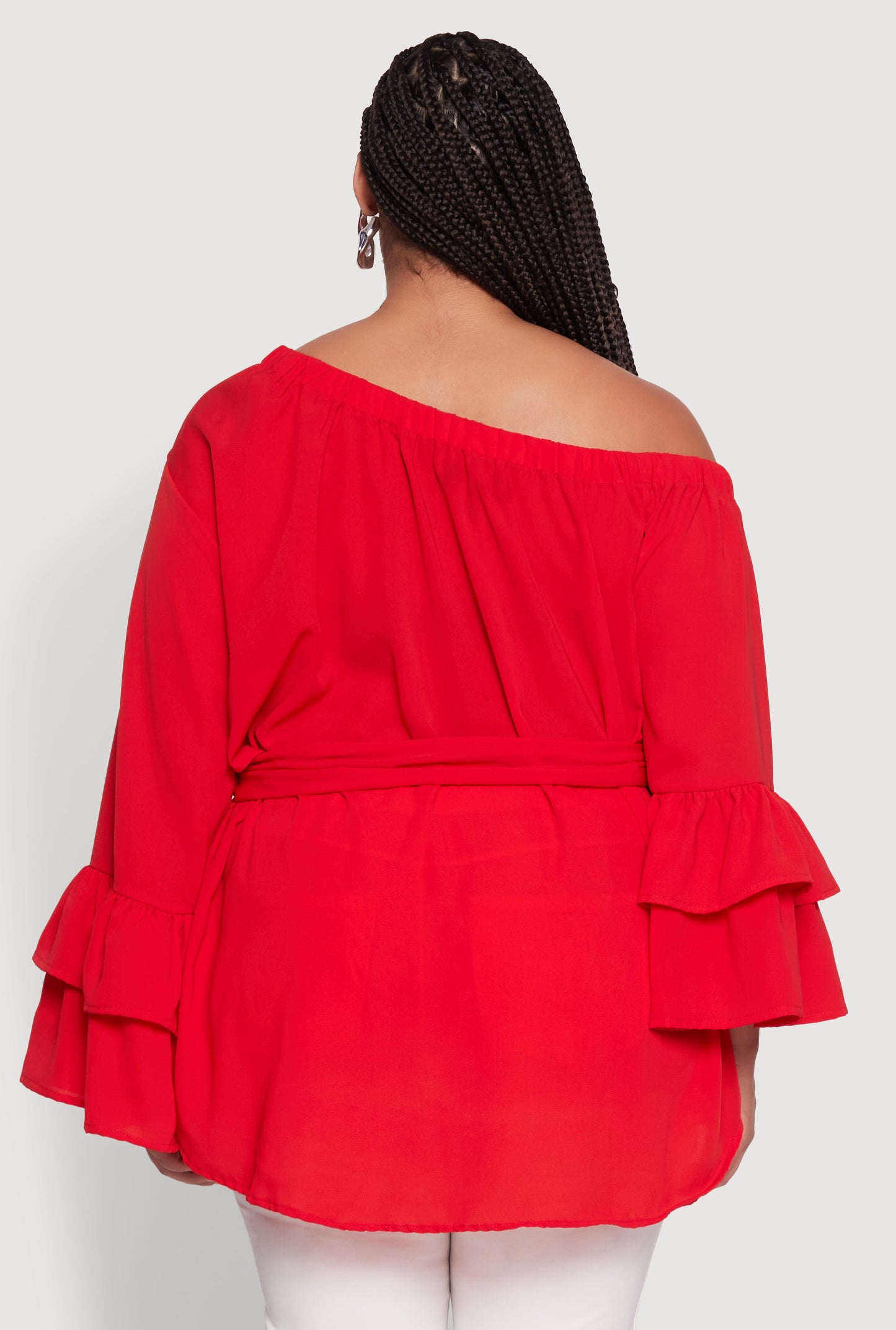 Plus Size Stylish One Shoulder Bell Sleeve Blouse with Ruffles