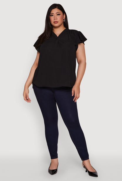 Plus Size Chic V Neck Flutter Sleeve Blouse