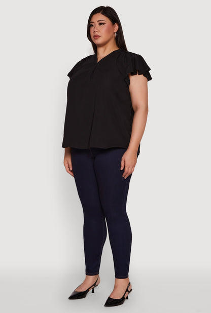 Plus Size Chic V Neck Flutter Sleeve Blouse