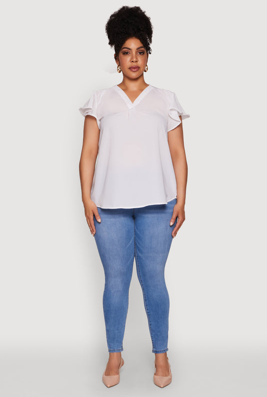 Plus Size Chic V Neck Flutter Sleeve Blouse
