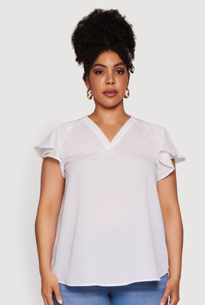 Plus Size Chic V Neck Flutter Sleeve Blouse