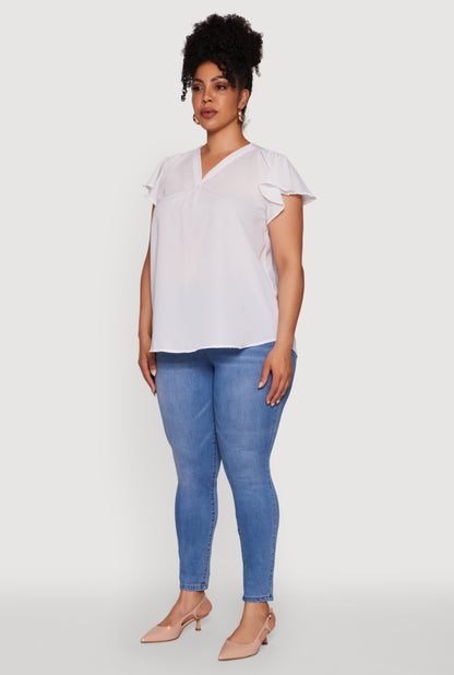 Plus Size Chic V Neck Flutter Sleeve Blouse