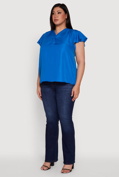 Plus Size Chic V Neck Flutter Sleeve Blouse