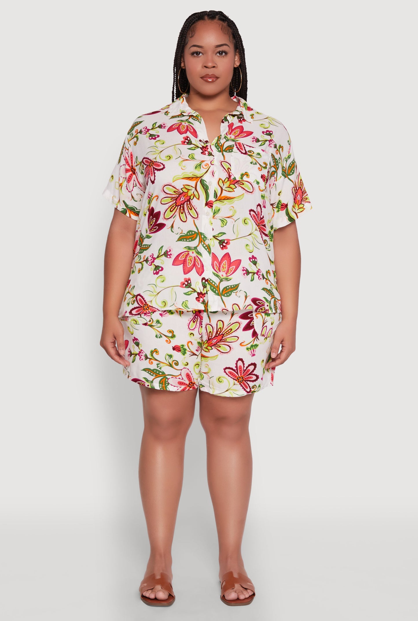 Plus Size Floral Print Button Front Shirt