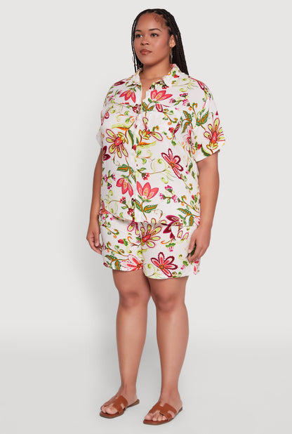 Plus Size Floral Print Button Front Shirt