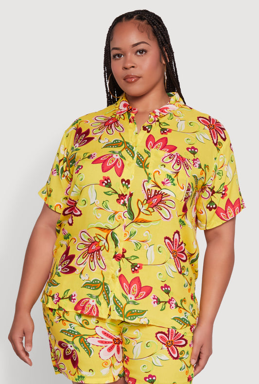 Plus Size Floral Print Button Front Shirt