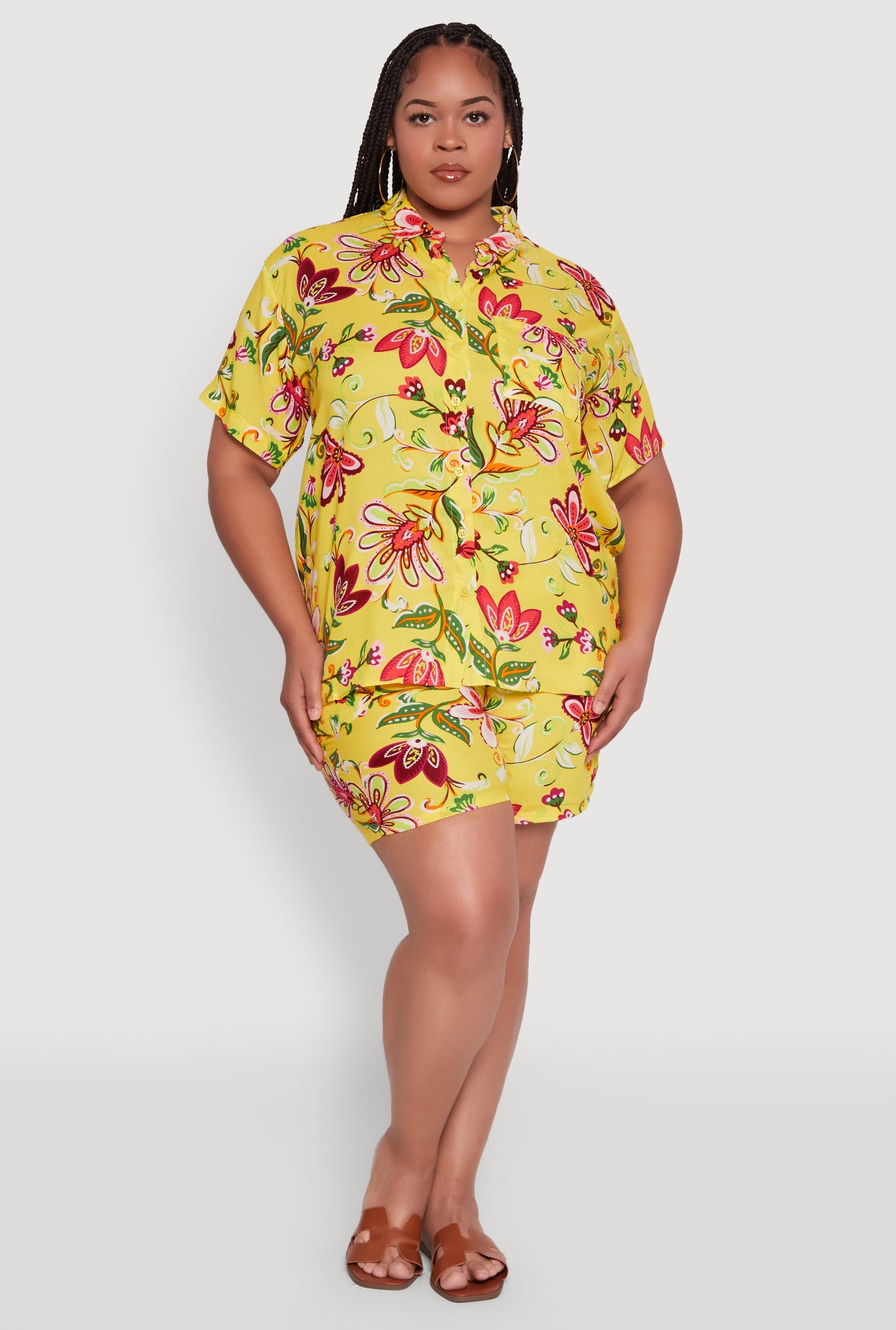 Plus Size Floral Print Button Front Shirt