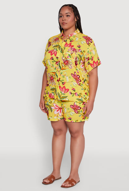 Plus Size Floral Print Button Front Shirt