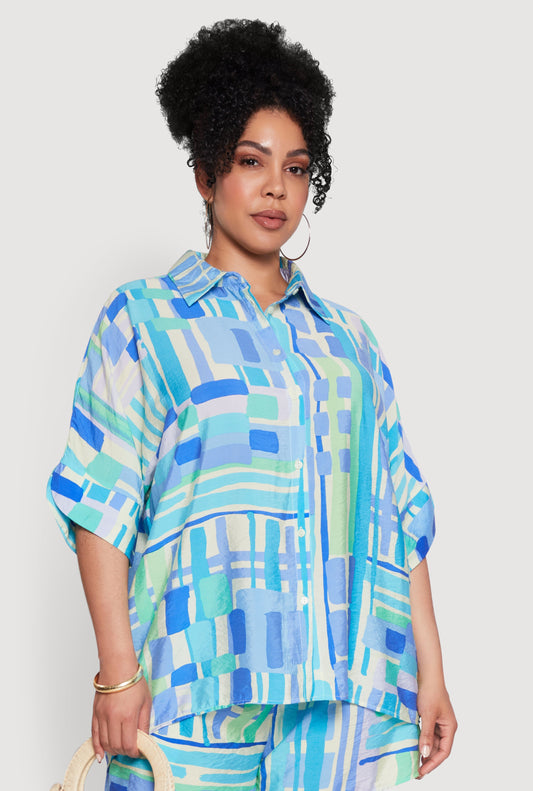 Plus Size Abstract Geometric Patterned Crepe Knit Shirt