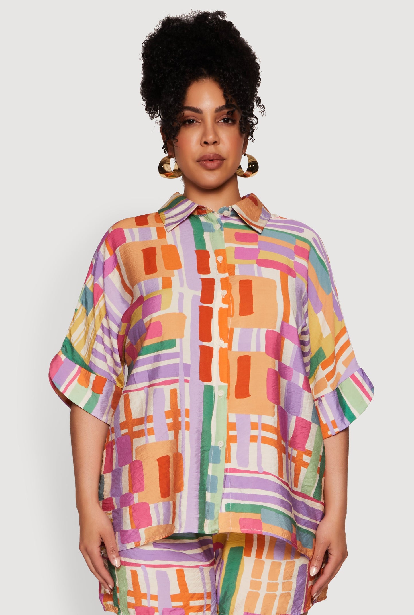 Plus Size Abstract Geometric Patterned Crepe Knit Shirt
