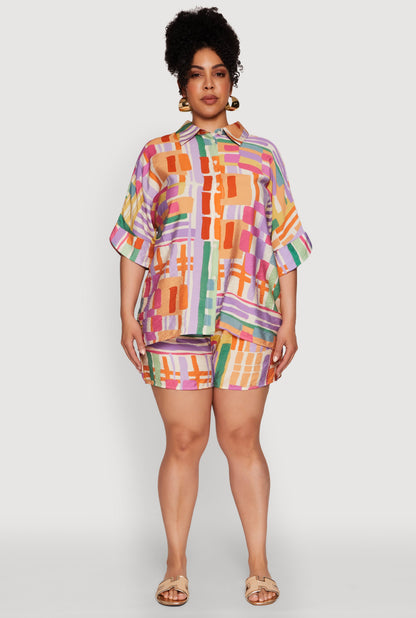 Plus Size Abstract Geometric Patterned Crepe Knit Shirt