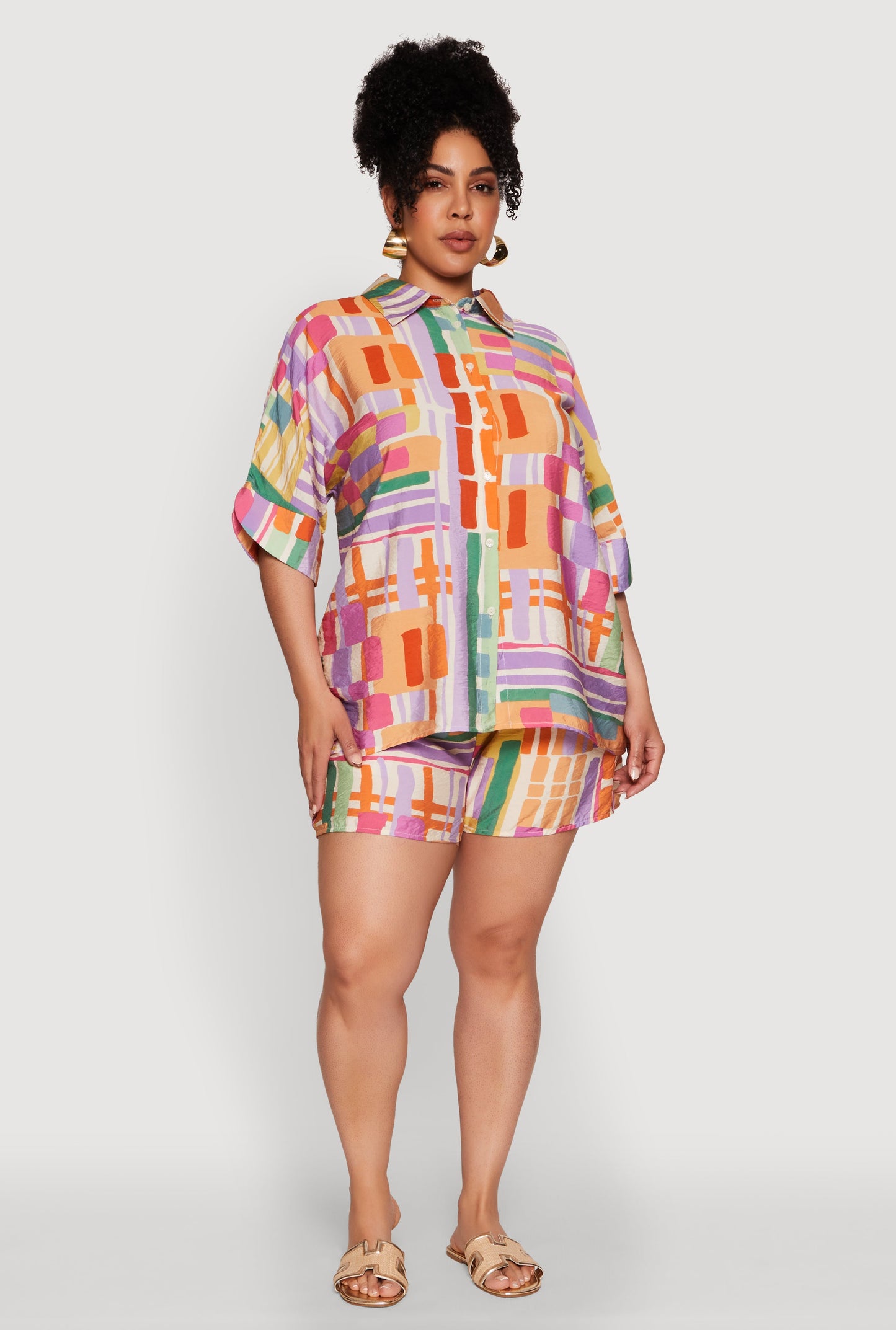 Plus Size Abstract Geometric Patterned Crepe Knit Shirt