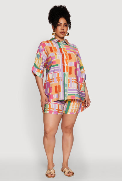 Plus Size Abstract Geometric Patterned Crepe Knit Shirt
