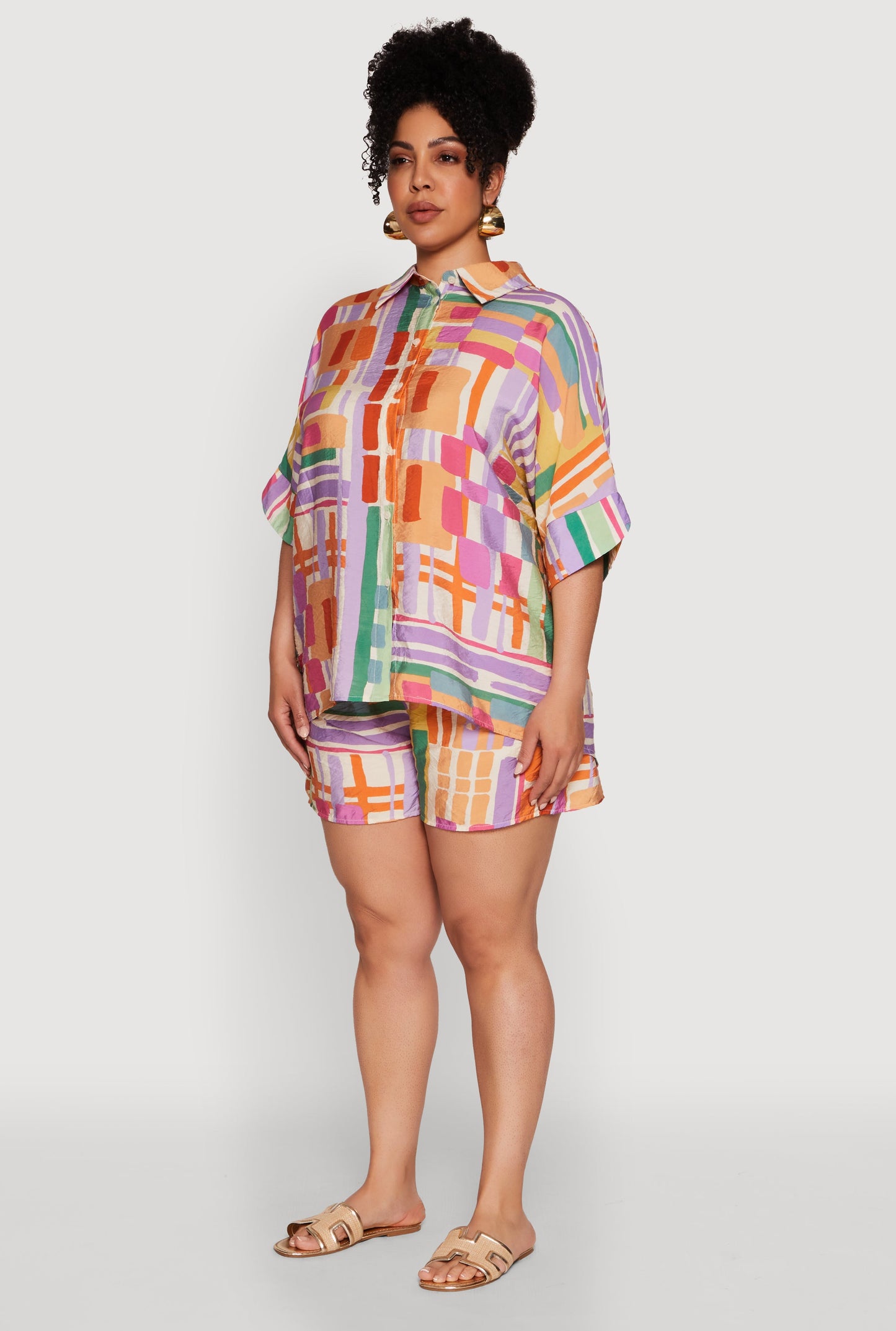 Plus Size Abstract Geometric Patterned Crepe Knit Shirt