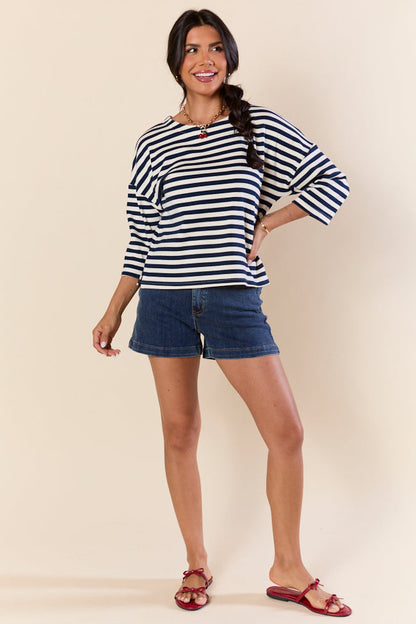 Bold Lines Navy Striped 3/4 Sleeve Knit Top SALE