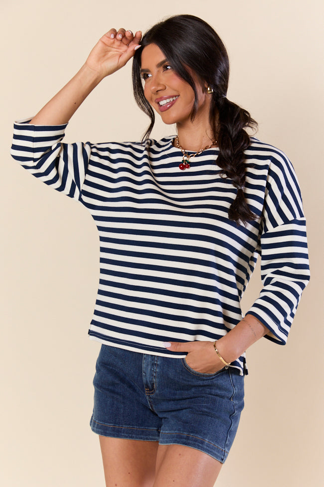 Bold Lines Navy Striped 3/4 Sleeve Knit Top SALE