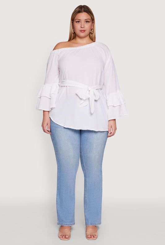 Plus Size Stylish One Shoulder Bell Sleeve Blouse with Ruffles