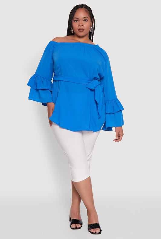 Plus Size Stylish One Shoulder Bell Sleeve Blouse with Ruffles