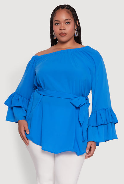 Plus Size Stylish One Shoulder Bell Sleeve Blouse with Ruffles