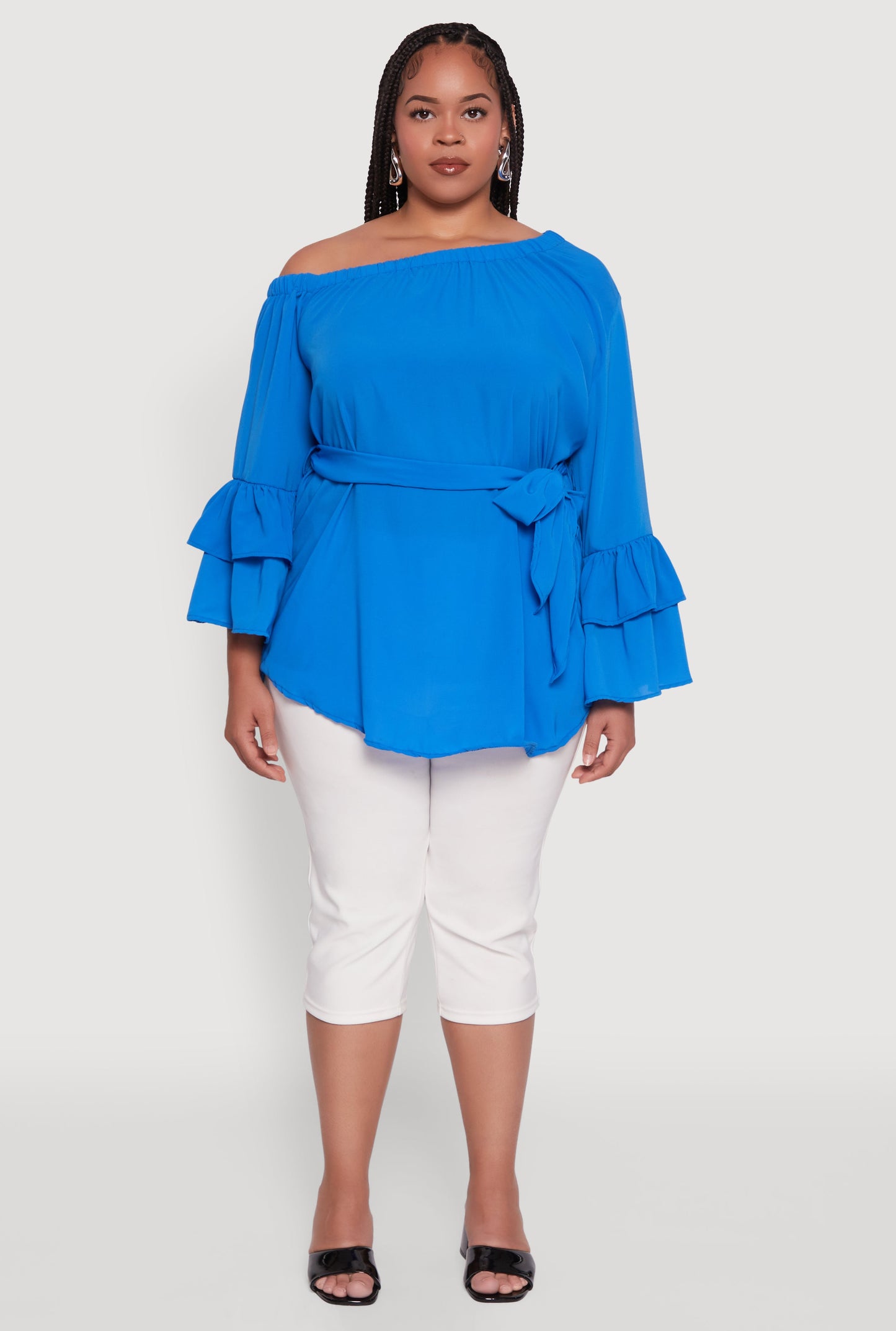 Plus Size Stylish One Shoulder Bell Sleeve Blouse with Ruffles
