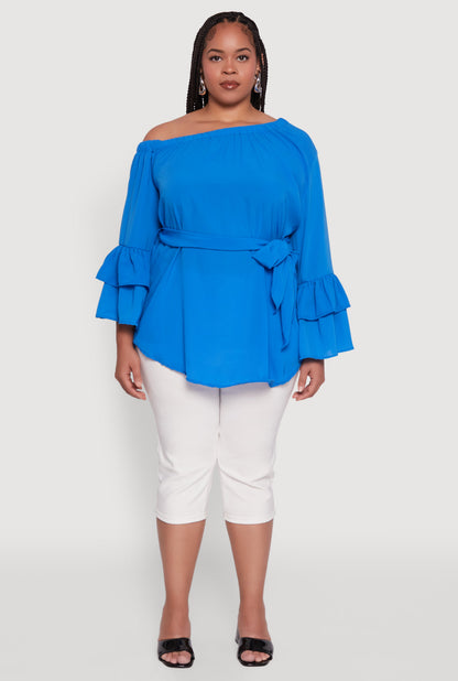 Plus Size Stylish One Shoulder Bell Sleeve Blouse with Ruffles