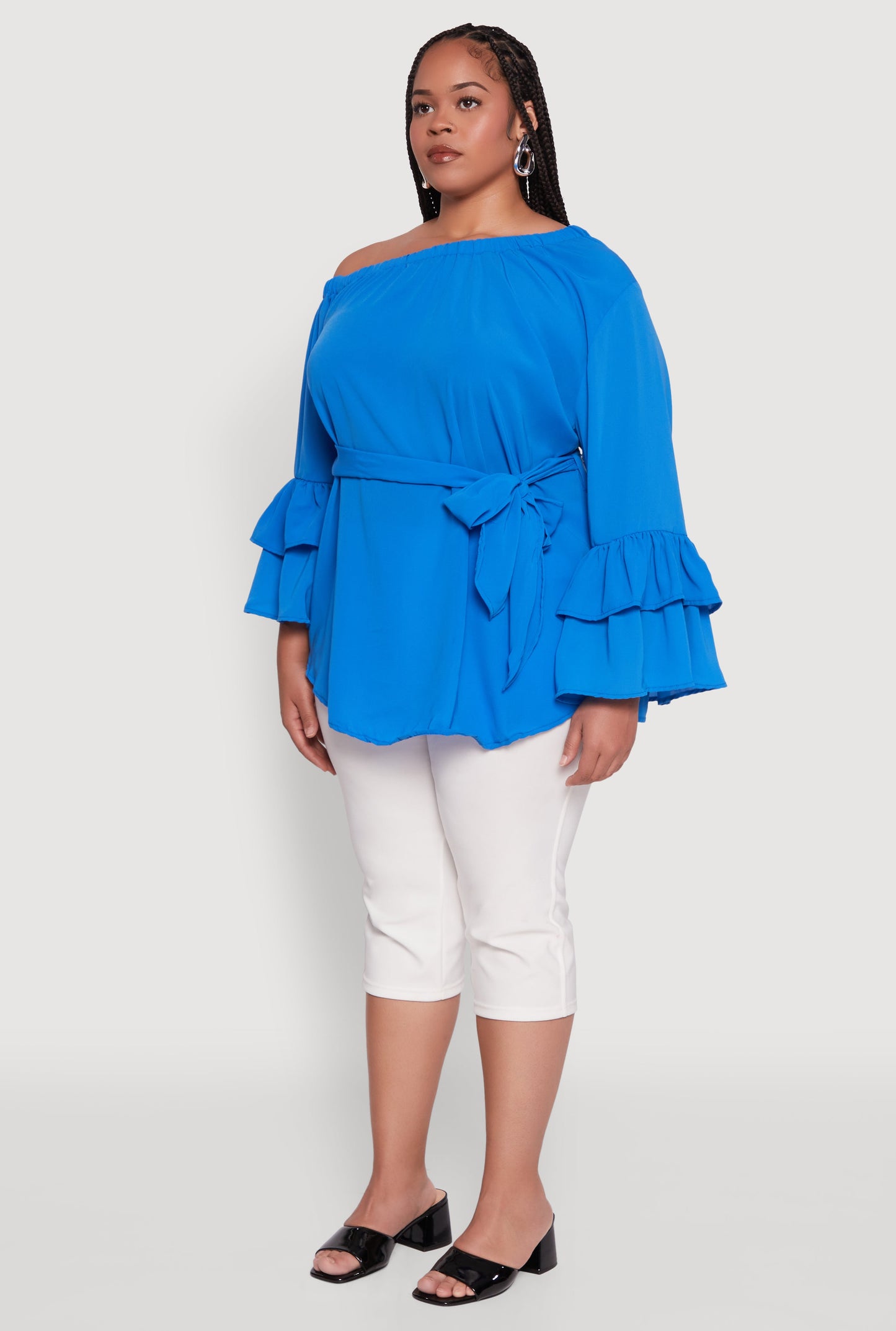 Plus Size Stylish One Shoulder Bell Sleeve Blouse with Ruffles