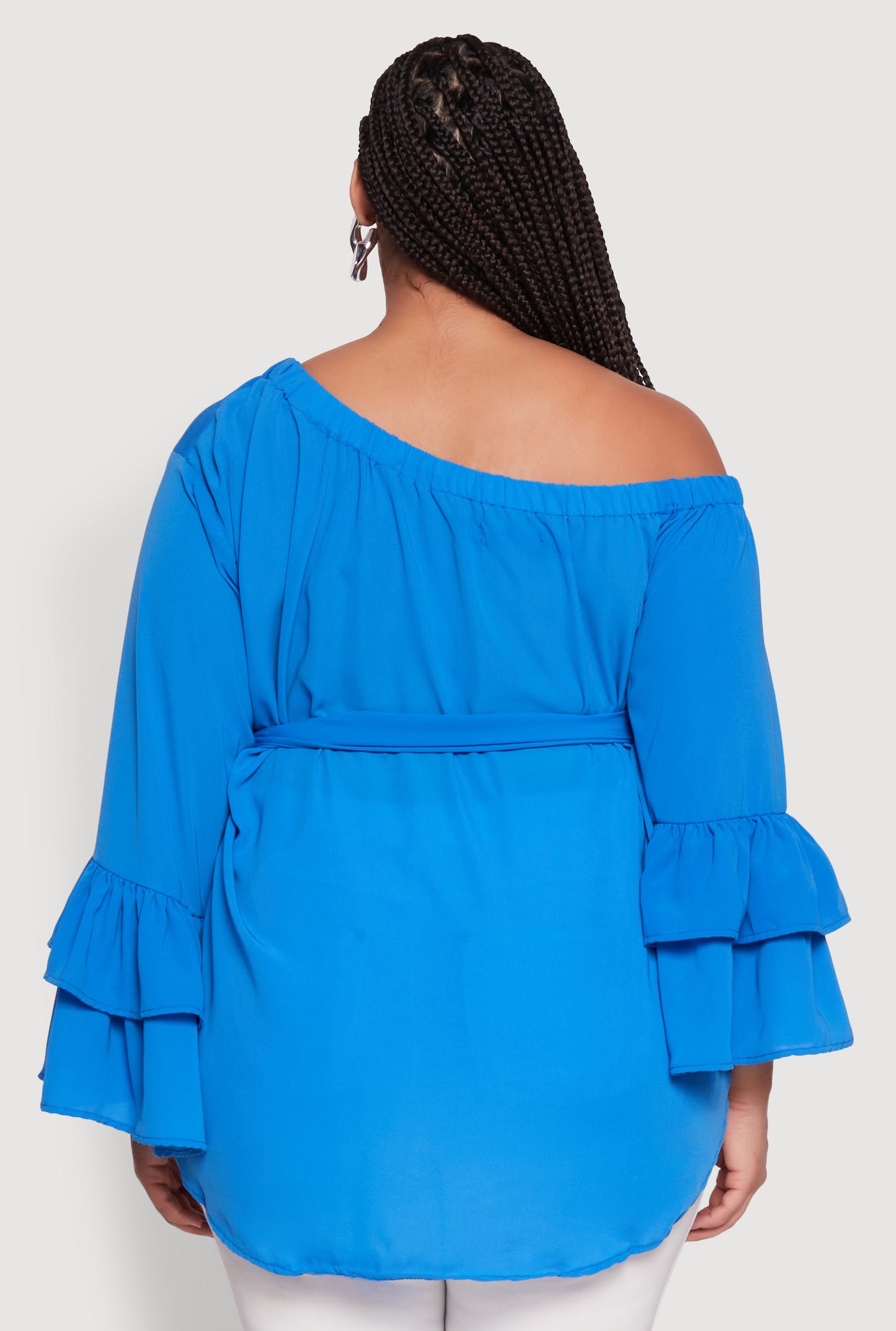 Plus Size Stylish One Shoulder Bell Sleeve Blouse with Ruffles