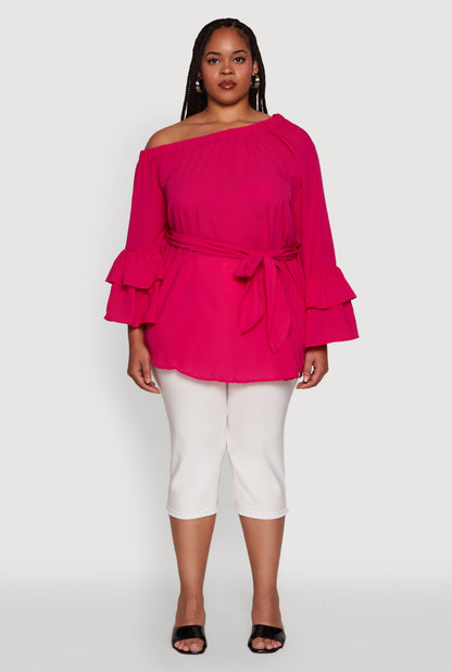 Plus Size Stylish One Shoulder Bell Sleeve Blouse with Ruffles