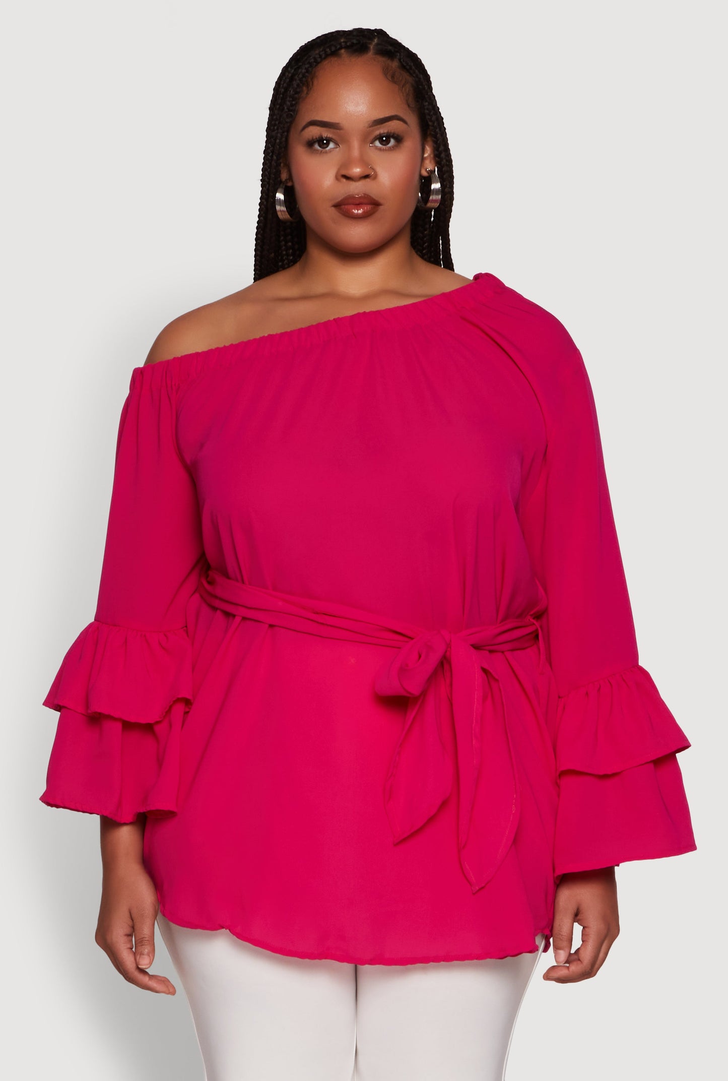 Plus Size Stylish One Shoulder Bell Sleeve Blouse with Ruffles