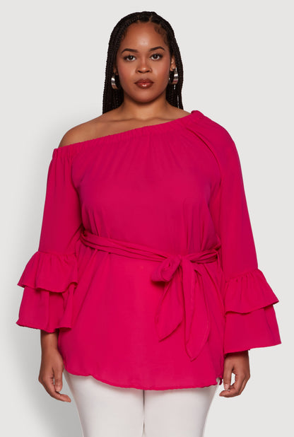 Plus Size Stylish One Shoulder Bell Sleeve Blouse with Ruffles