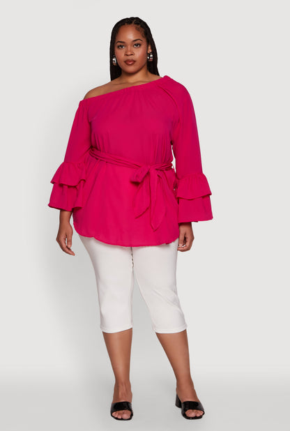 Plus Size Stylish One Shoulder Bell Sleeve Blouse with Ruffles