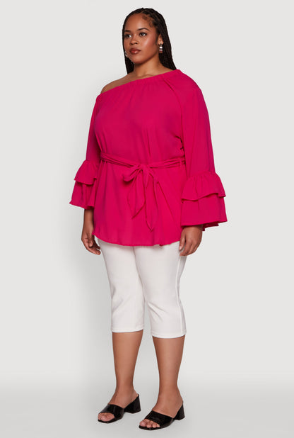 Plus Size Stylish One Shoulder Bell Sleeve Blouse with Ruffles