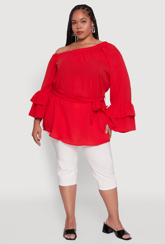 Plus Size Stylish One Shoulder Bell Sleeve Blouse with Ruffles