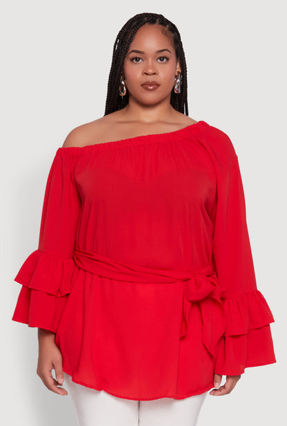 Plus Size Stylish One Shoulder Bell Sleeve Blouse with Ruffles