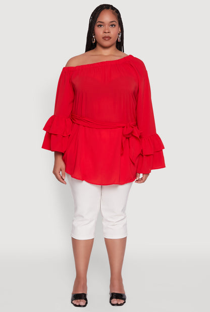 Plus Size Stylish One Shoulder Bell Sleeve Blouse with Ruffles