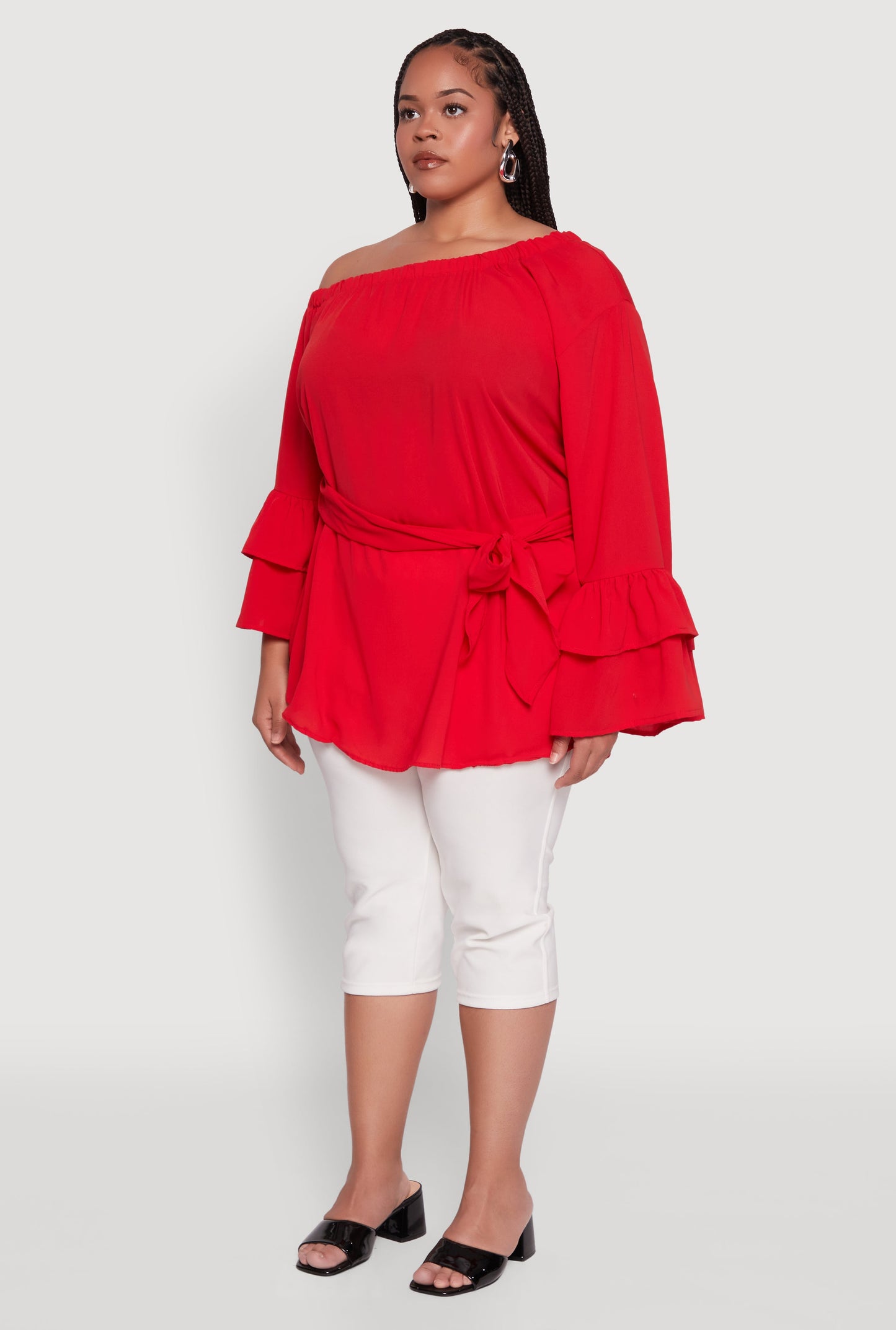 Plus Size Stylish One Shoulder Bell Sleeve Blouse with Ruffles