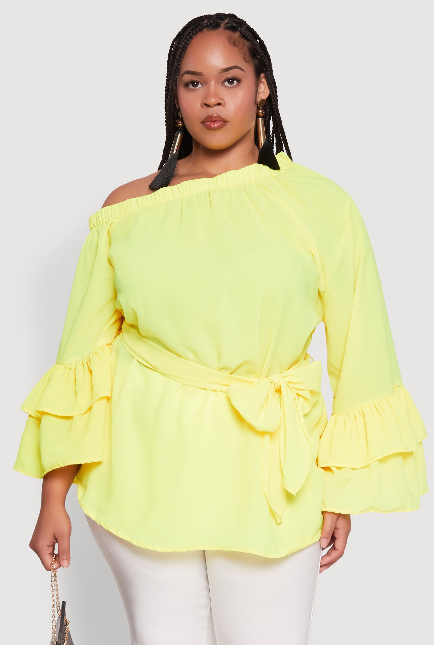 Plus Size Stylish One Shoulder Bell Sleeve Blouse with Ruffles