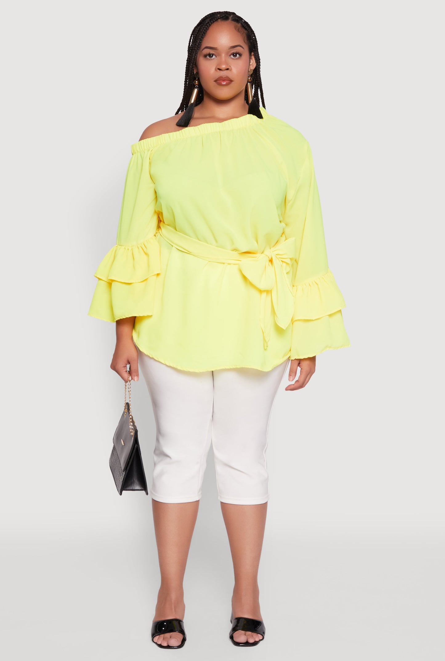 Plus Size Stylish One Shoulder Bell Sleeve Blouse with Ruffles