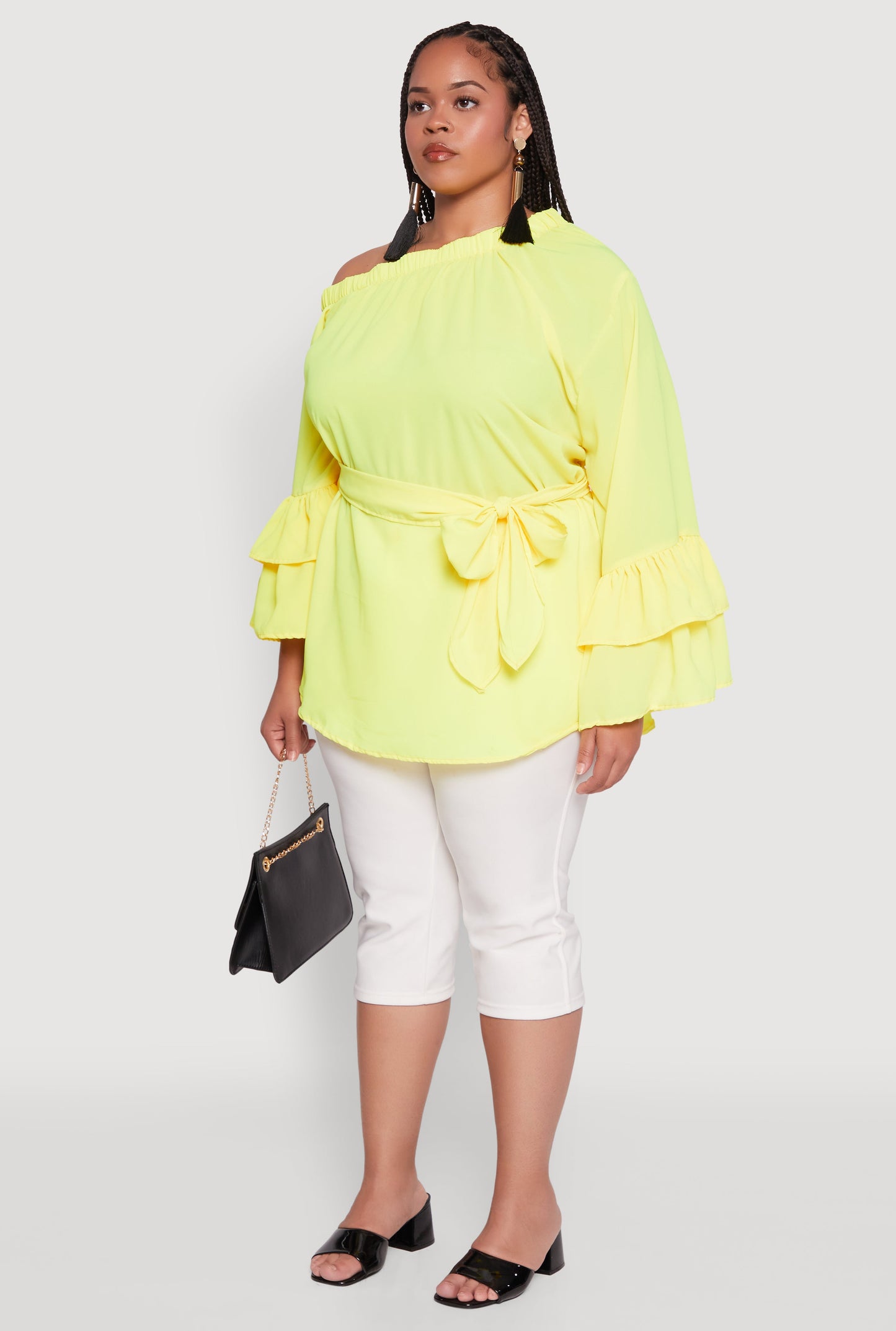 Plus Size Stylish One Shoulder Bell Sleeve Blouse with Ruffles