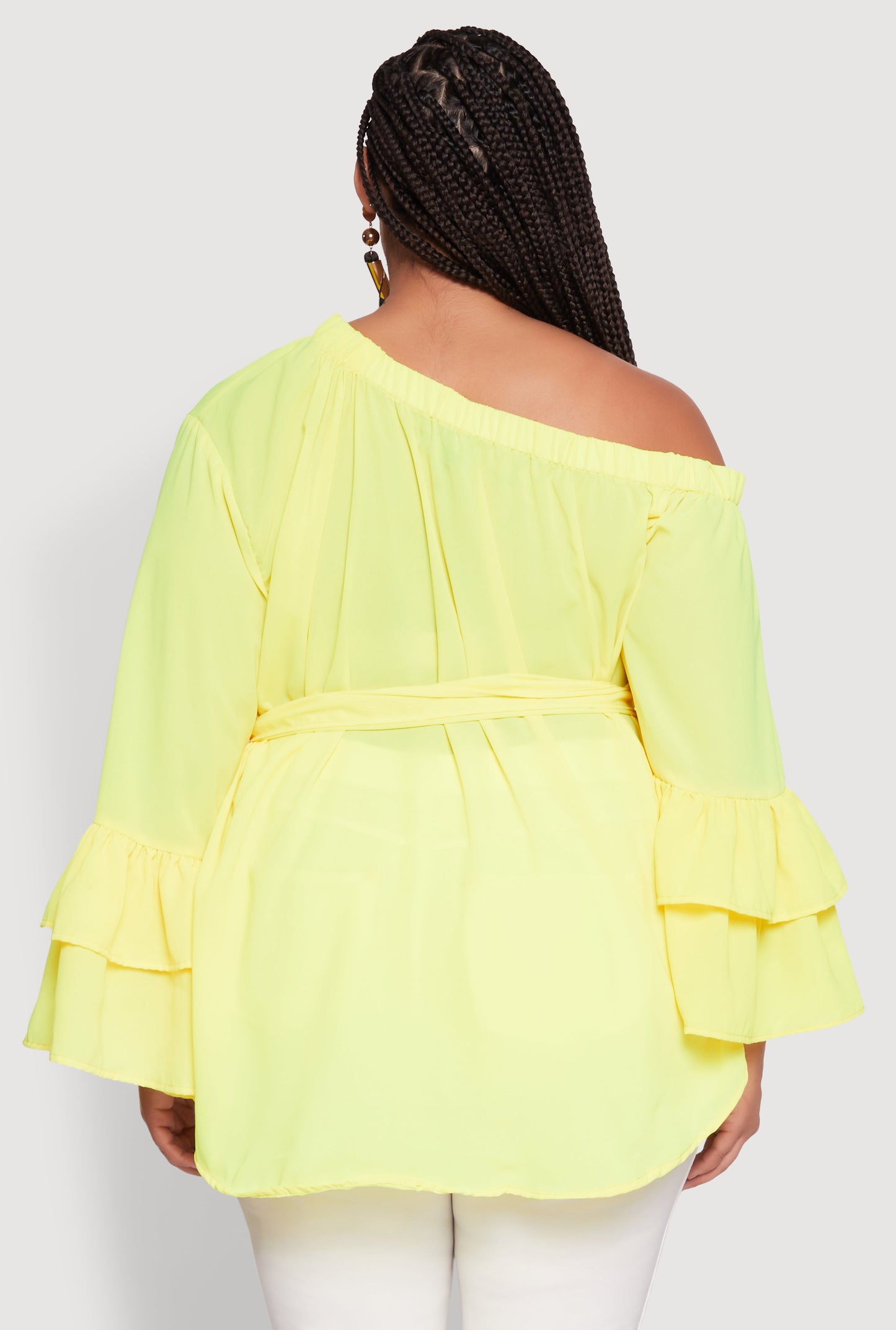 Plus Size Stylish One Shoulder Bell Sleeve Blouse with Ruffles