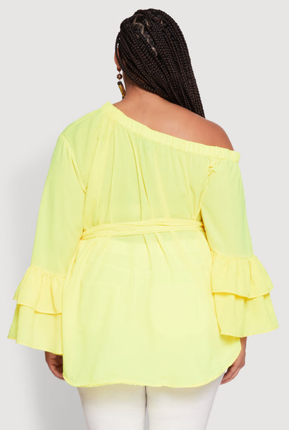 Plus Size Stylish One Shoulder Bell Sleeve Blouse with Ruffles