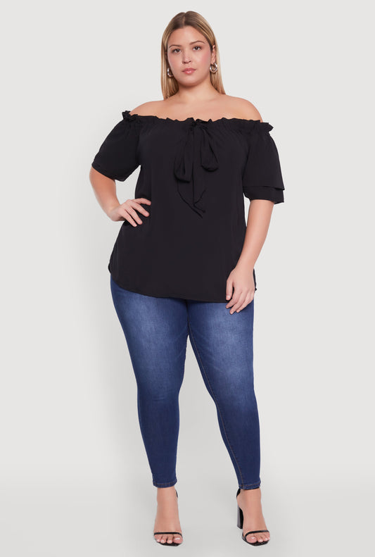 Plus Size Stylish Off the Shoulder Tiered Sleeve Blouse