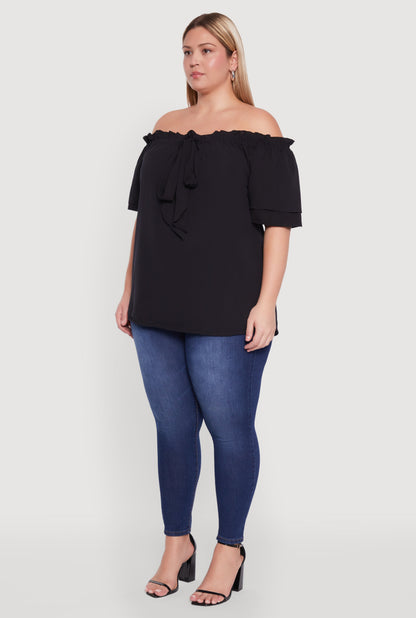 Plus Size Stylish Off the Shoulder Tiered Sleeve Blouse