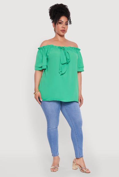 Plus Size Stylish Off the Shoulder Tiered Sleeve Blouse