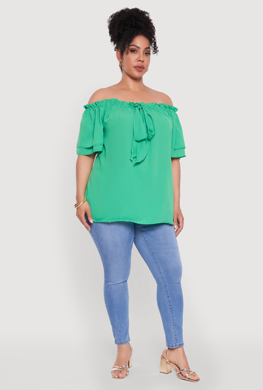 Plus Size Stylish Off the Shoulder Tiered Sleeve Blouse