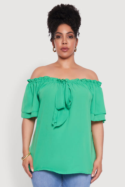 Plus Size Stylish Off the Shoulder Tiered Sleeve Blouse