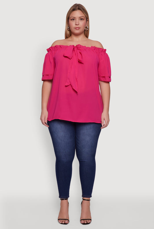 Plus Size Stylish Off the Shoulder Tiered Sleeve Blouse