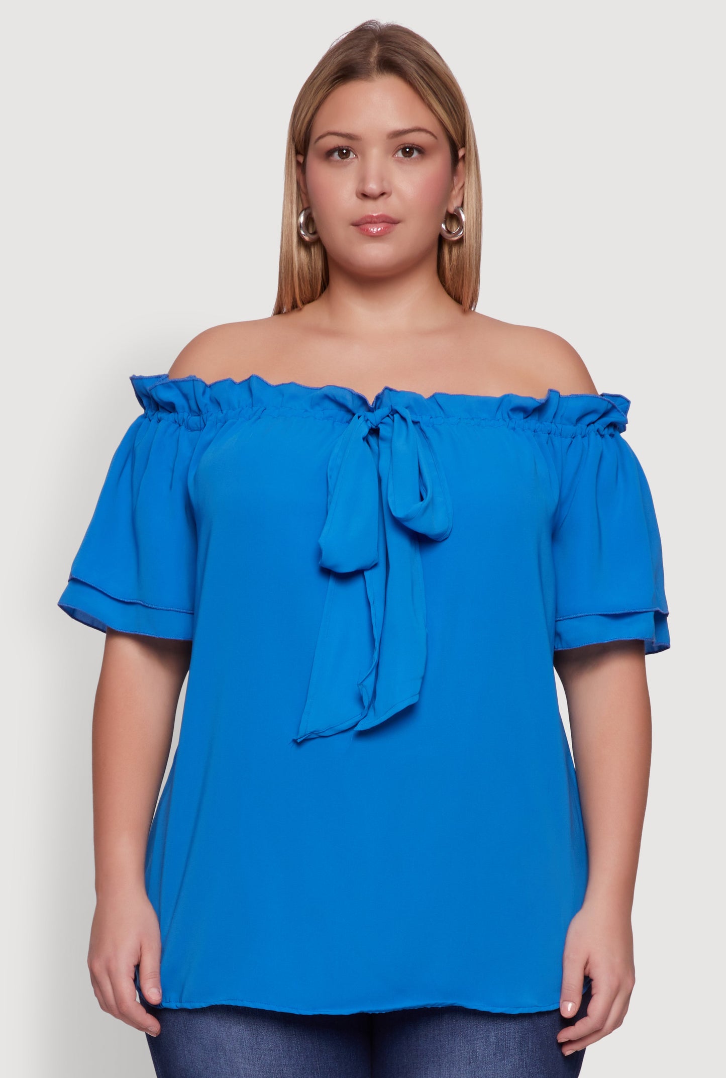 Plus Size Stylish Off the Shoulder Tiered Sleeve Blouse