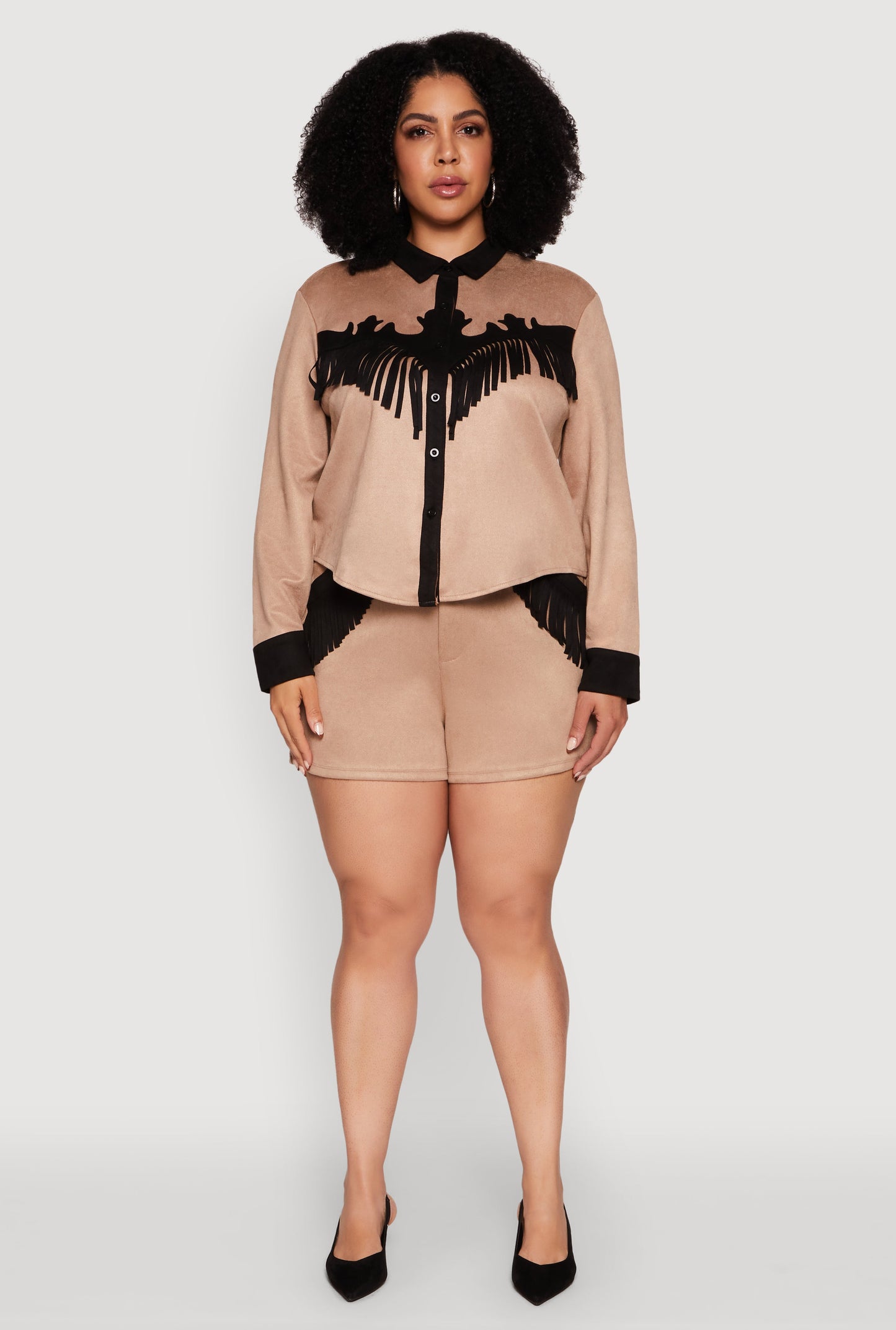 Plus Size Chic Faux Suede Contrast Trim Fringe Hem Shirt