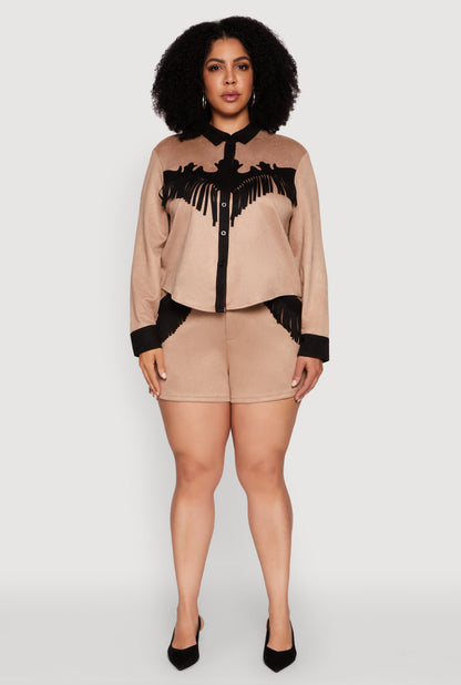 Plus Size Chic Faux Suede Contrast Trim Fringe Hem Shirt